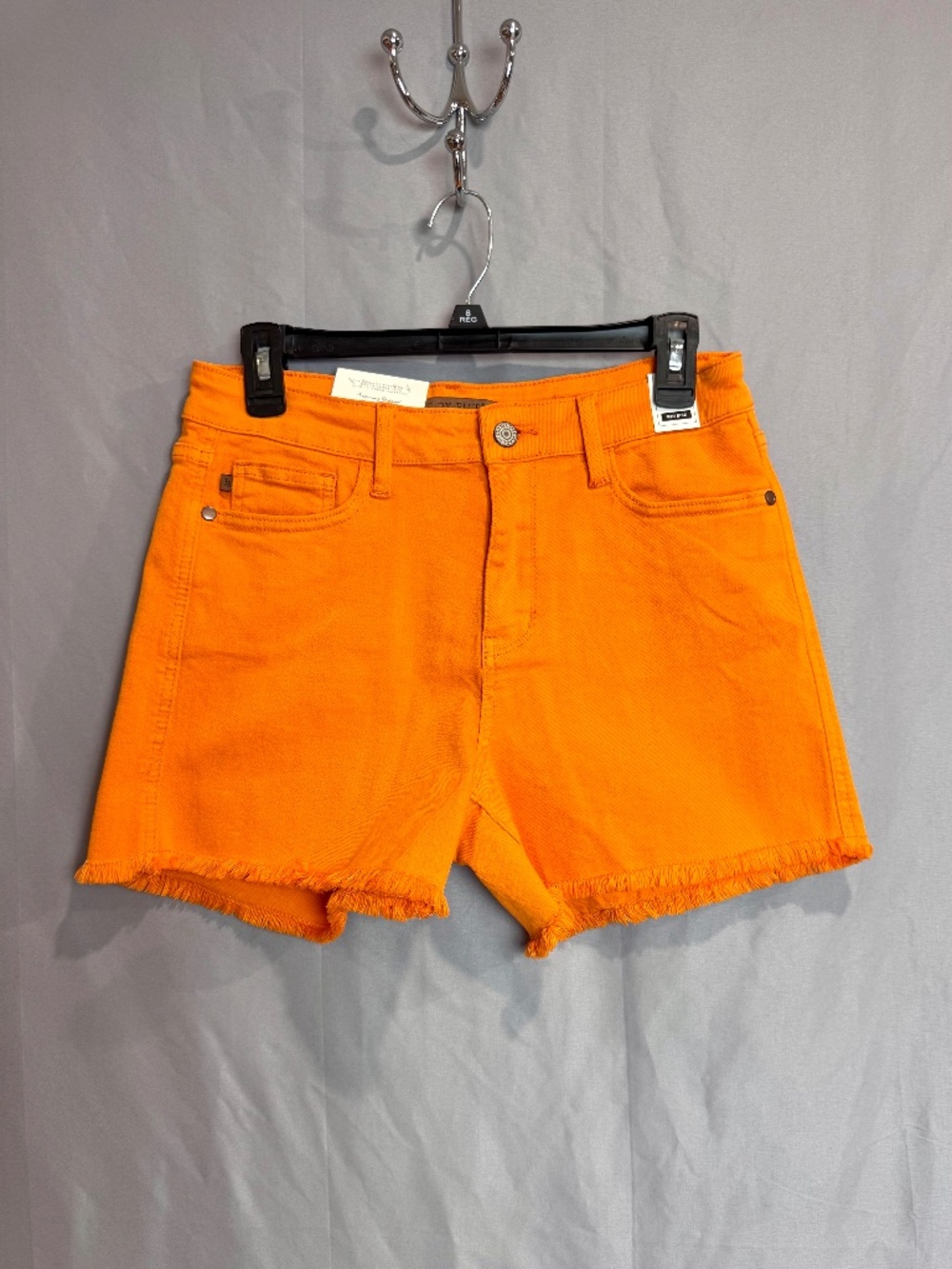 NWT Judy Blue Mid Rise Orange Denim Shorts Frayed hem 5 Pocket Size Large